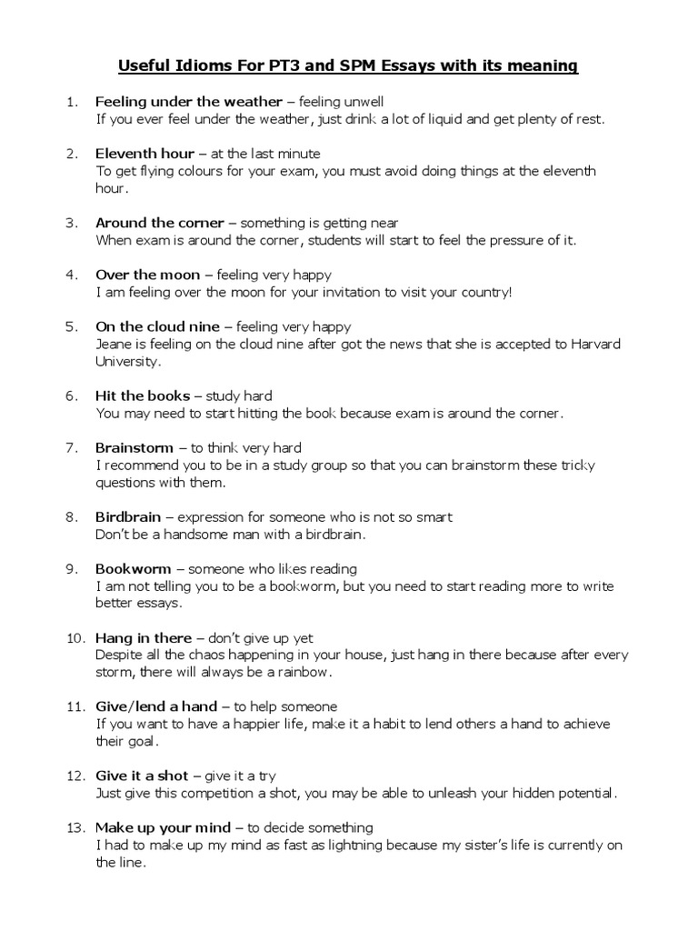 Useful Idioms For PT3 and SPM Essays With Its Meaning Mind Time