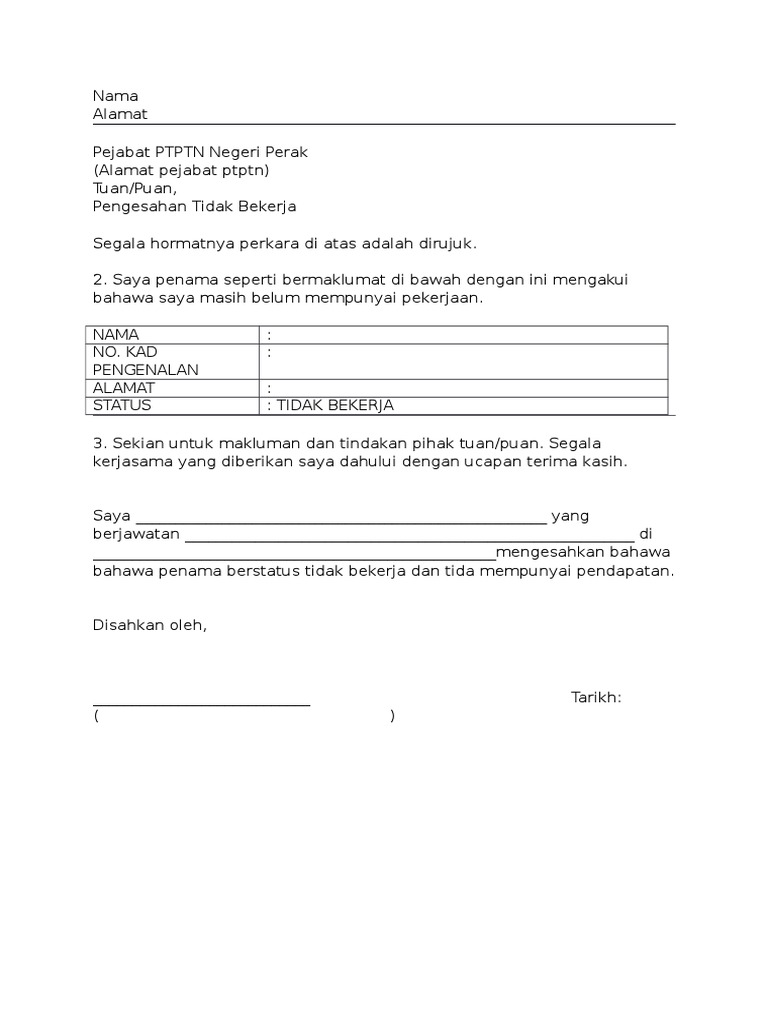 Surat Pengesahan Tidak Bekerja Pdf
