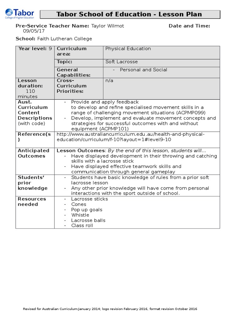 done year 9 pe lesson plan softcrosse 2 Physical Education Lacrosse
