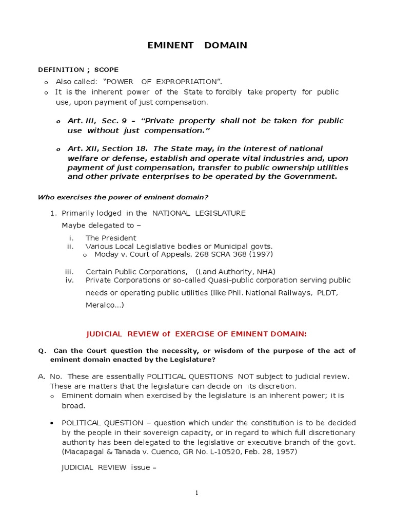 Eminent Domain Lecture Just Compensation Eminent Domain