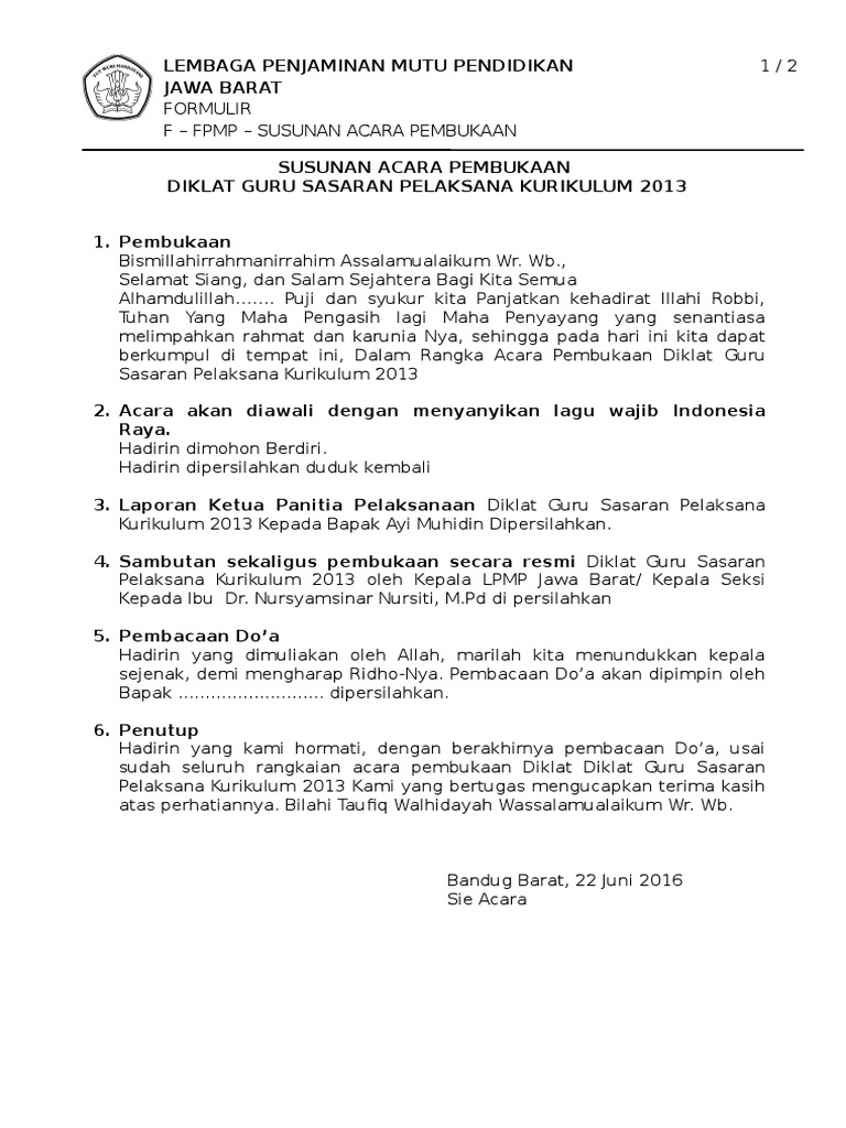Susunan Acara Pembukaan Kegiatan