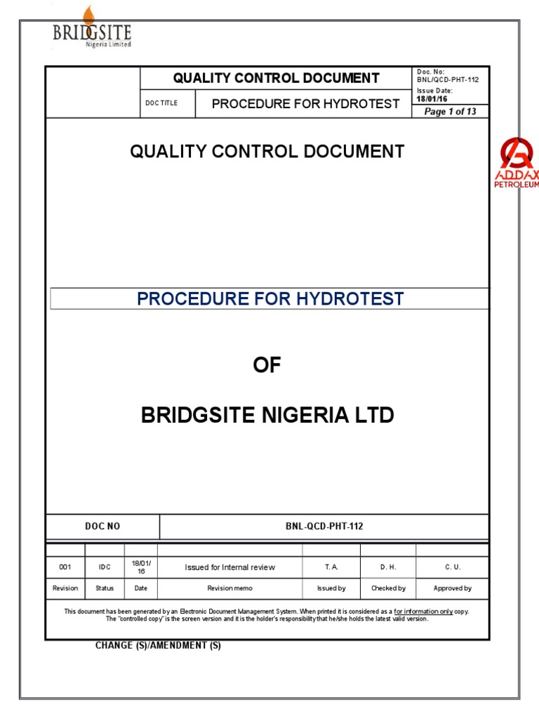 Procedure For Hydrotest Pdf Pipe Fluid Conveyance Pressure