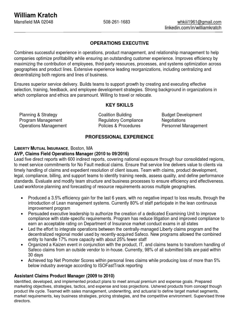 Director Property Casualty Insurance in Boston MA Resume William Kratch