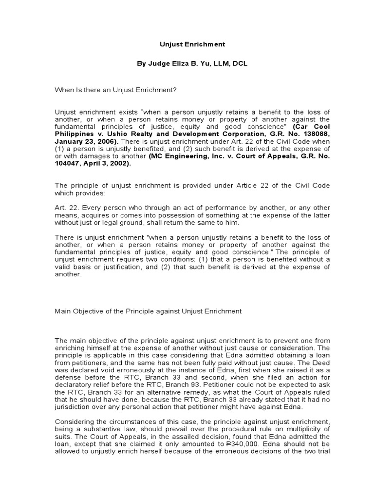 Unjust Enrichment PDF Equity (Law) Lawsuit
