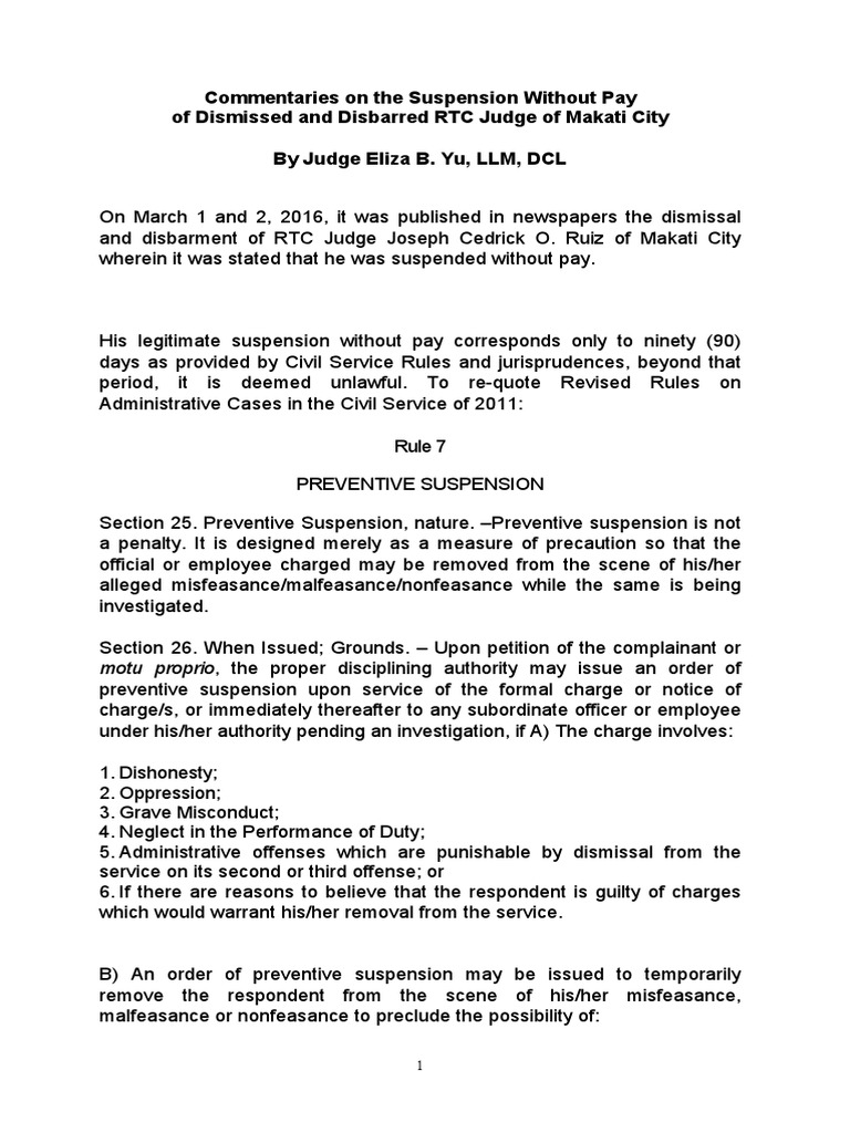 Commentaries On The Suspension Without Pay of Dismissed and Disbarred