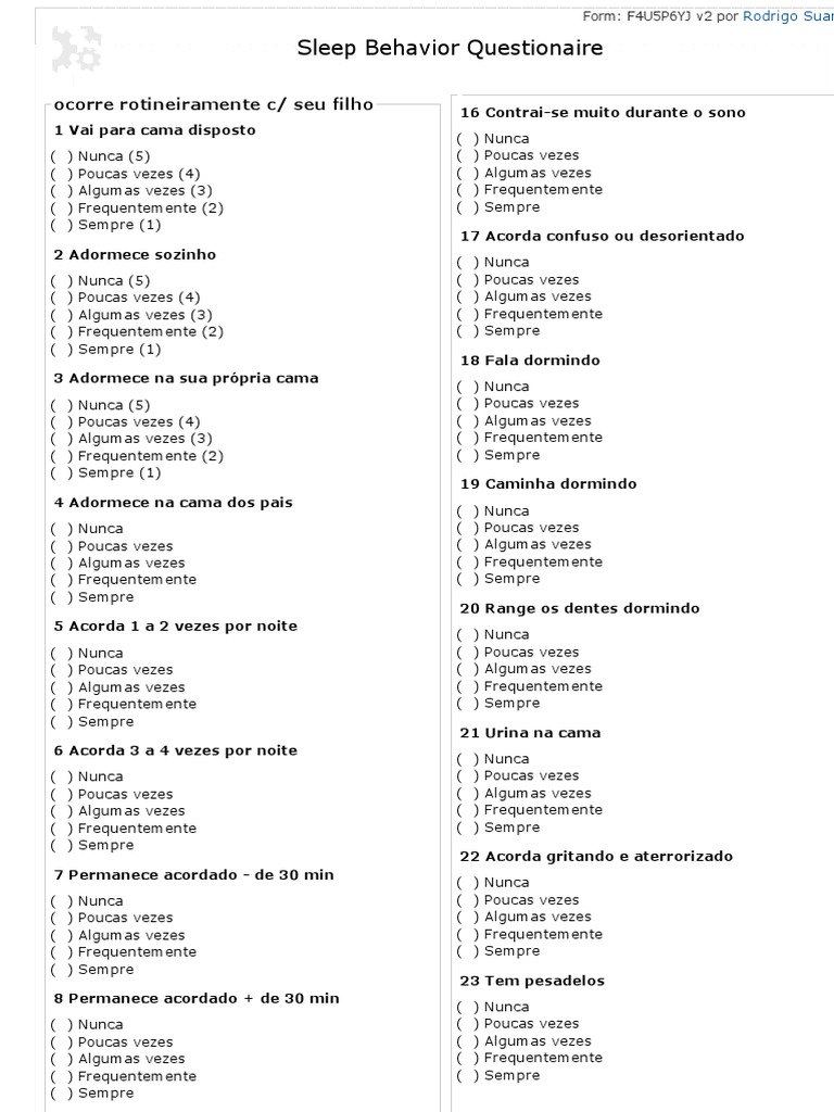 Questionário de Comportamento do Sono Infantil | PDF | Cama | Dormir