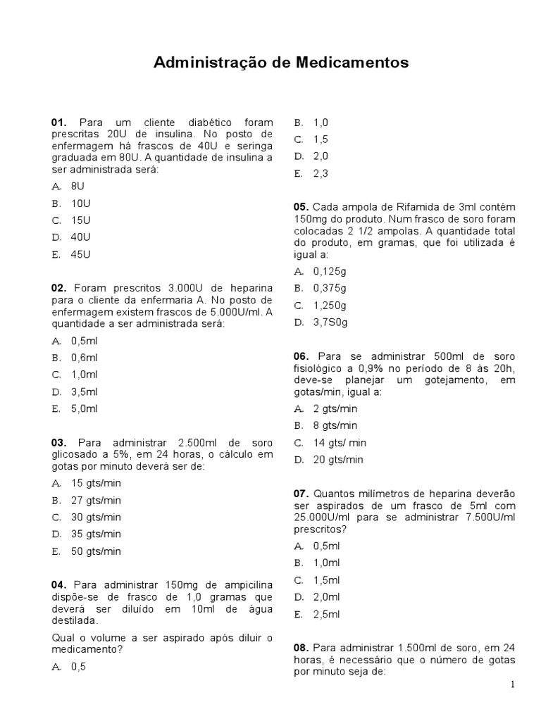 Bizu 4 - Calculo de Medicamentos | Fraction (Mathematics) | Diabetes