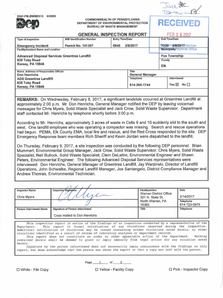 Greentree PADEP Collapse General Inspection Report | PDF