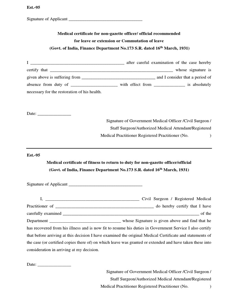Medical Fitness and Unfit Certificate
