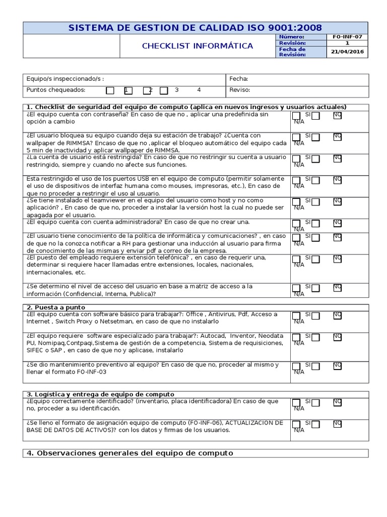 Checklist Informatica Rev. 1 (2) | Formato de Documento Portable ...
