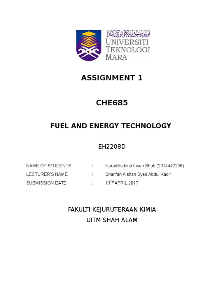 Assignment 1 CHE685 Fuel and Energy Technology PDF Coal Chemical