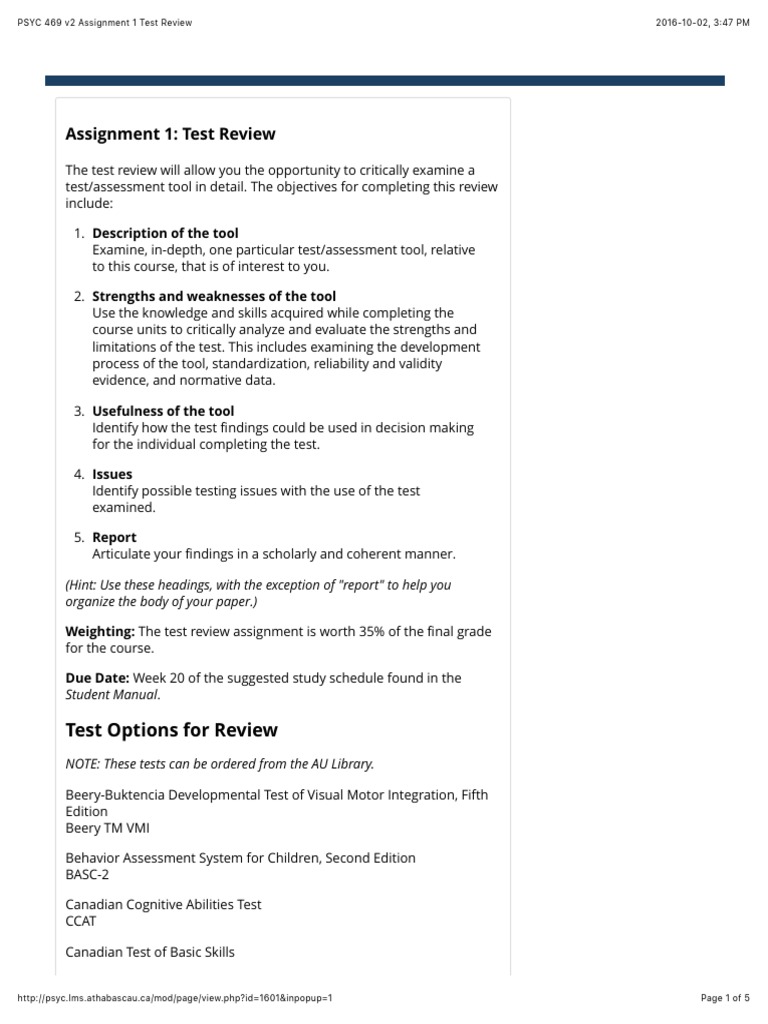 Assignment 1 Psyc 469 V2 Assignment 1 Test Review Pdf Educational Assessment Evaluation