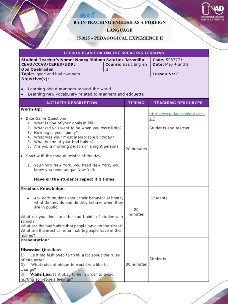 Lesson Plan Format 8 Etiquette Lesson Plan Free 30