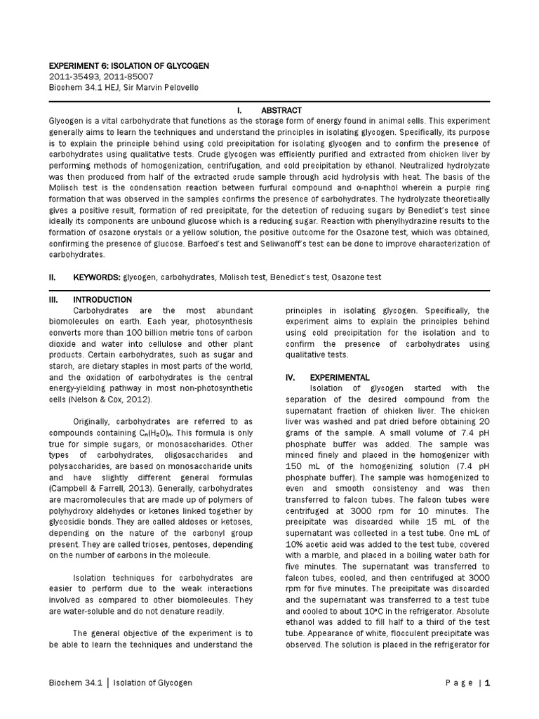 Bc34 1 E6 Isolation Of Glycogen Pdf Carbohydrates Glucose