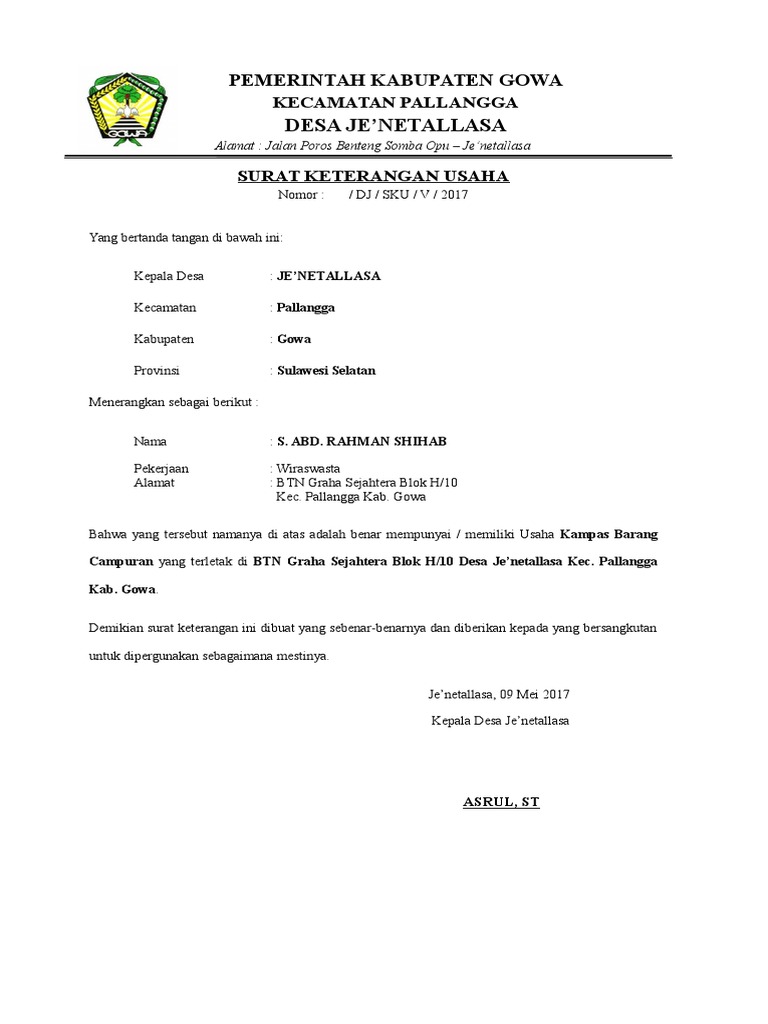 Surat Keterangan Usaha