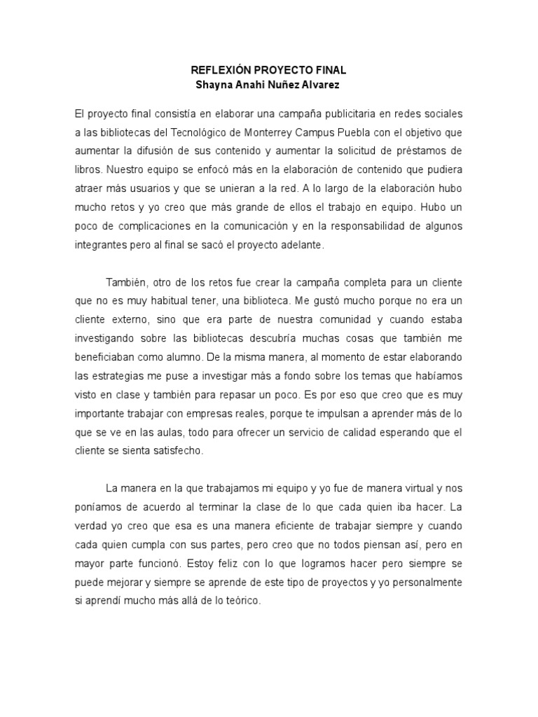 Reflexión - Proyecto Final | PDF