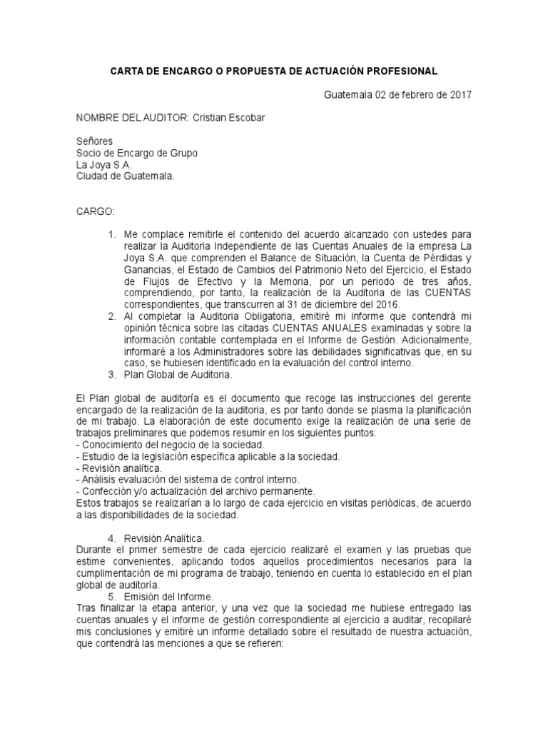 Carta de Encargo Auditoría Auditoría financiera