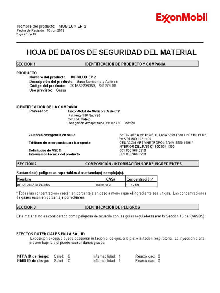 Mobilux EP 2 (SDS) Primeros auxilios Contaminación Free 30day