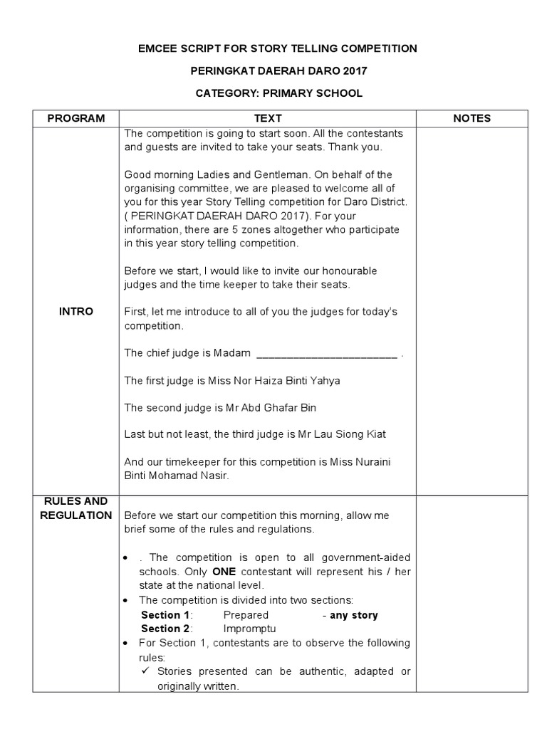 Emcee Script for Storytelling Contest | PDF | Leisure