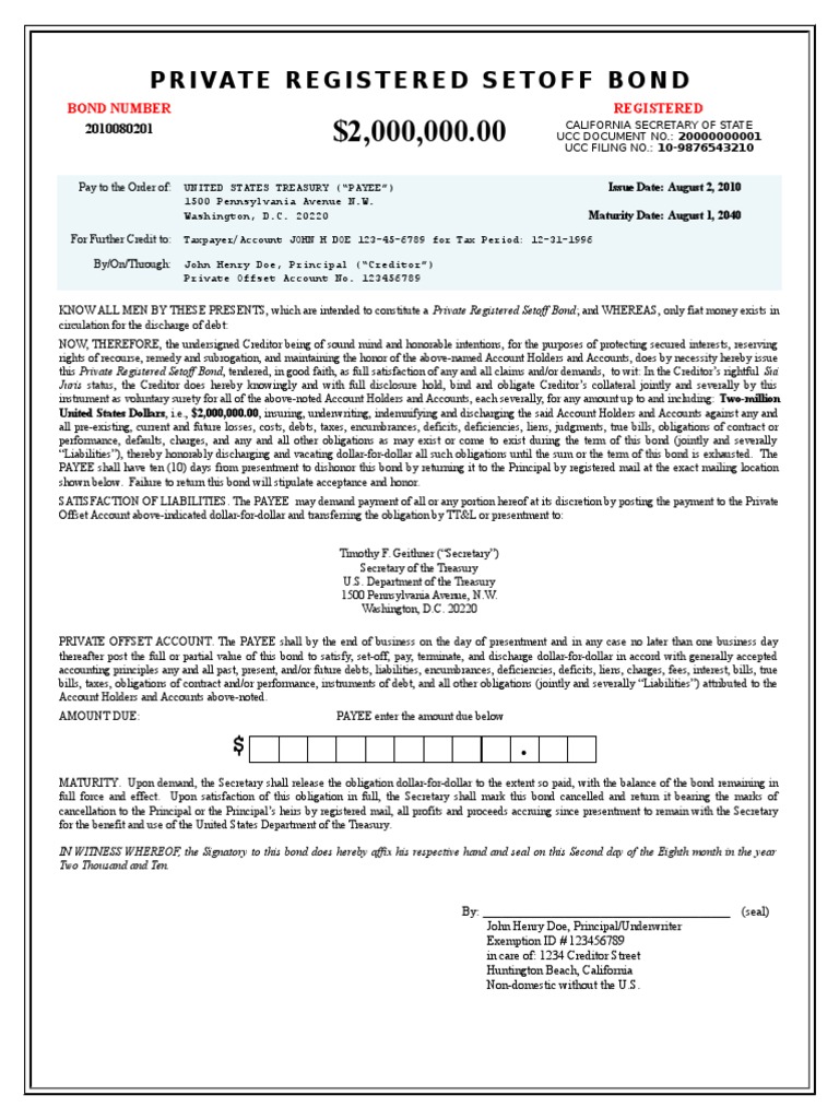 Private Registered Setoff Bond Document | PDF | Bonds (Finance) | Payments