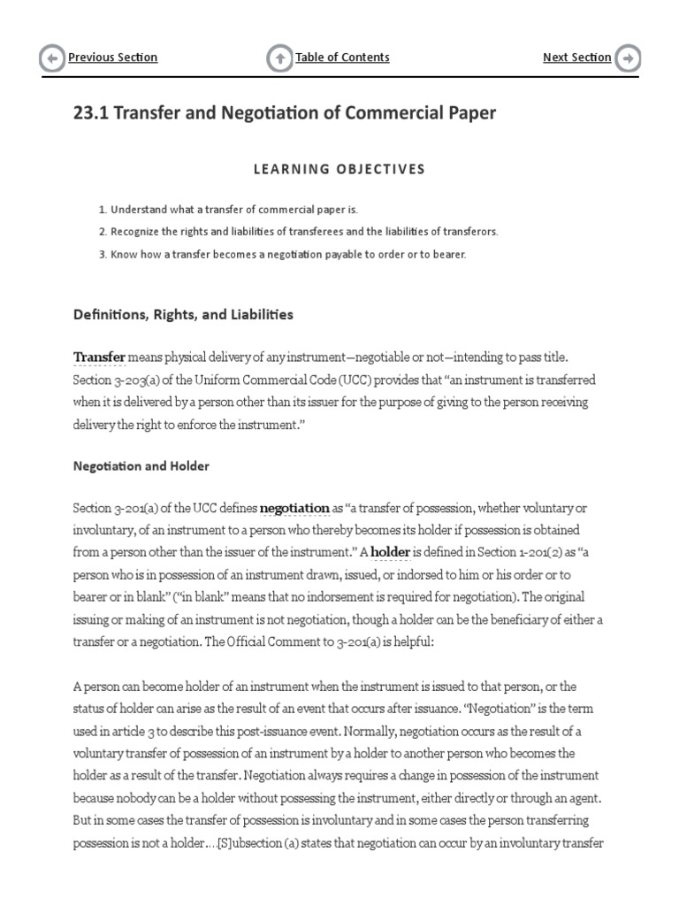 Transfer and Negotiation of Commercial Paper Negotiable Instrument