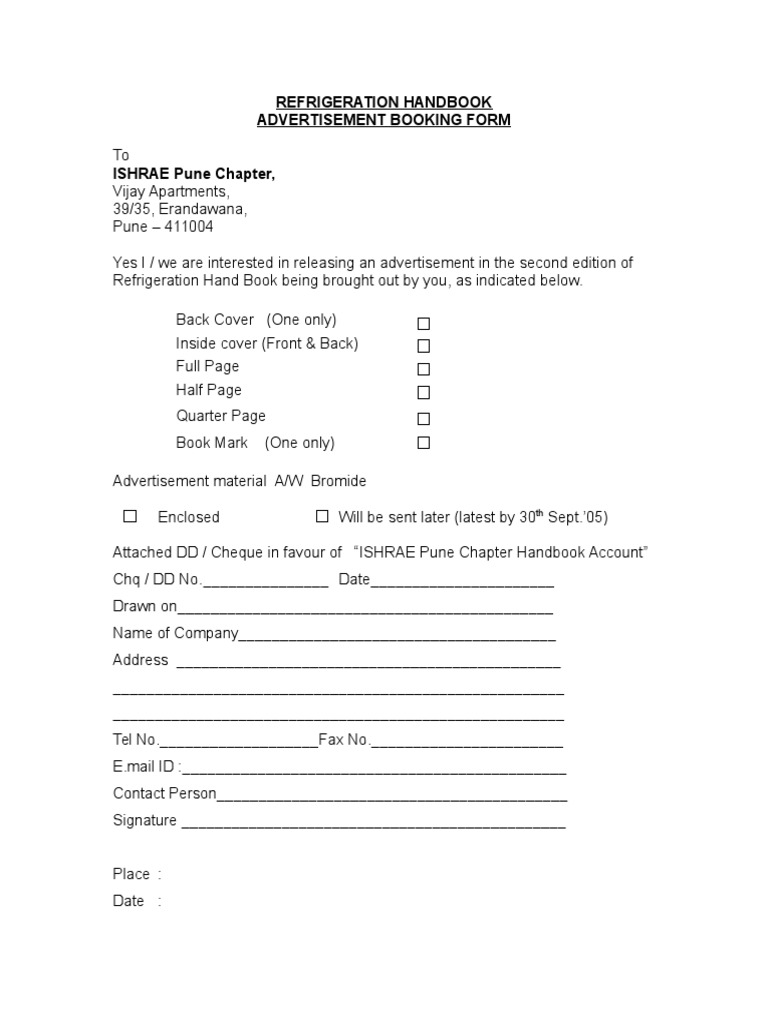 Refrigeration Handbook Advertisement Booking Form PDF