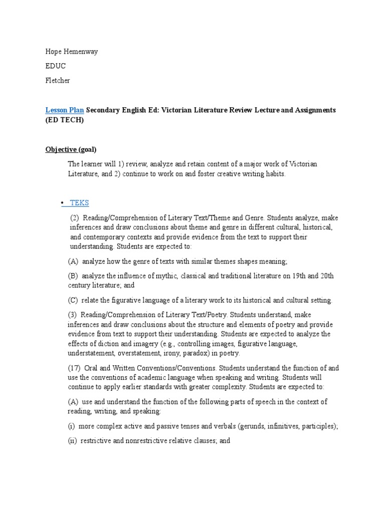 Lesson Plan: Secondary English Ed: Victorian Literature Review Lecture ...