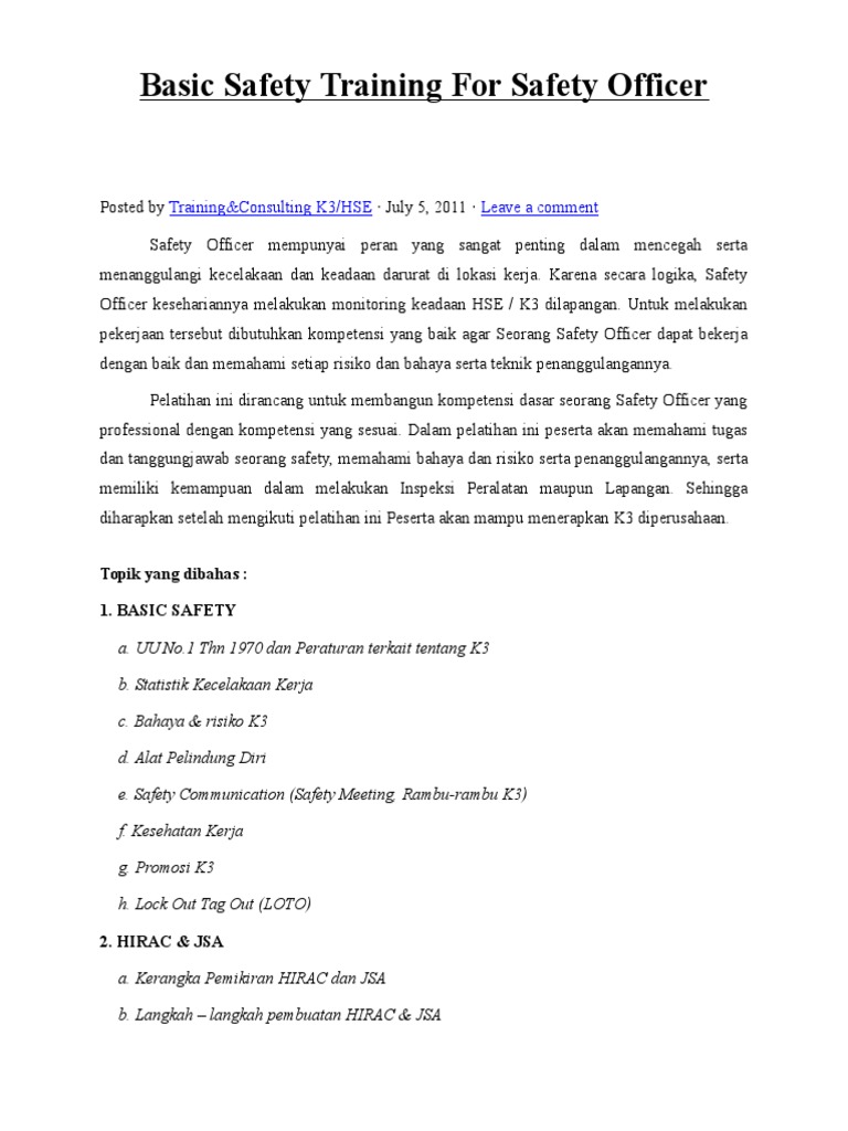 Pelatihan Dasar Safety Officer | PDF