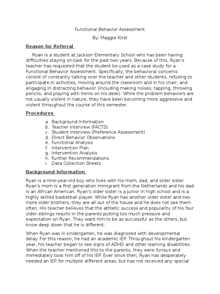 Functional Behavior Assessment of Ryan | PDF | Reinforcement ...