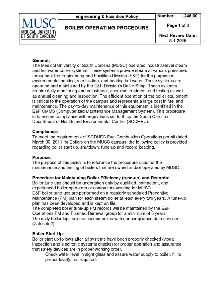 MUSC Boiler Operating Procedures Guide | PDF | Boiler | Steam