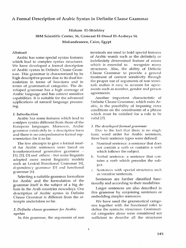 A Formal Description of Arabic Syntax in Definite Clause Grammar | PDF ...