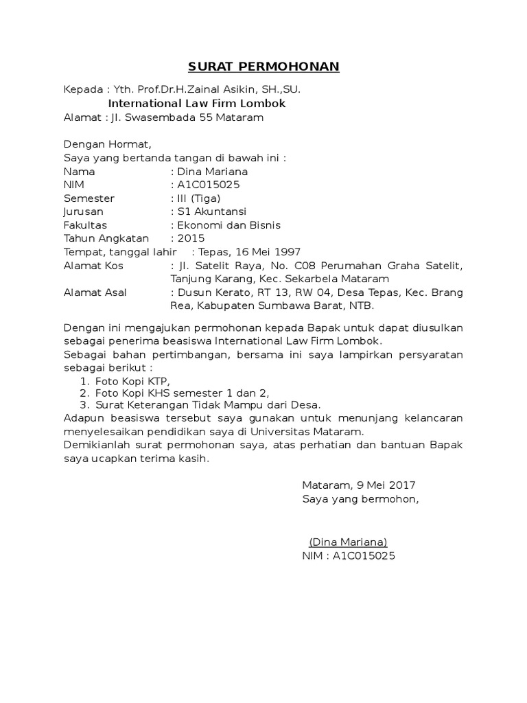 Contoh Surat Permohonan Beasiswa Tidak Mampu