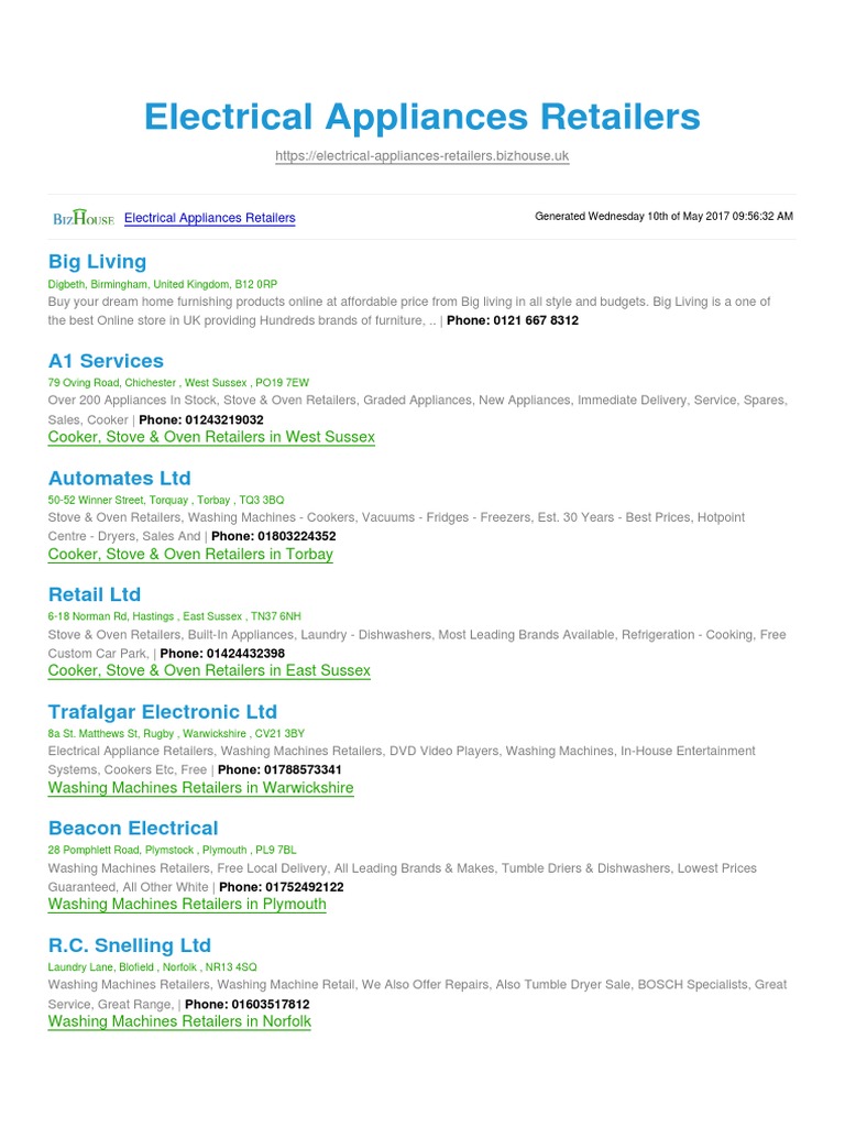 Electrical Appliances Retailers BizHouse Uk PDF Home Appliance