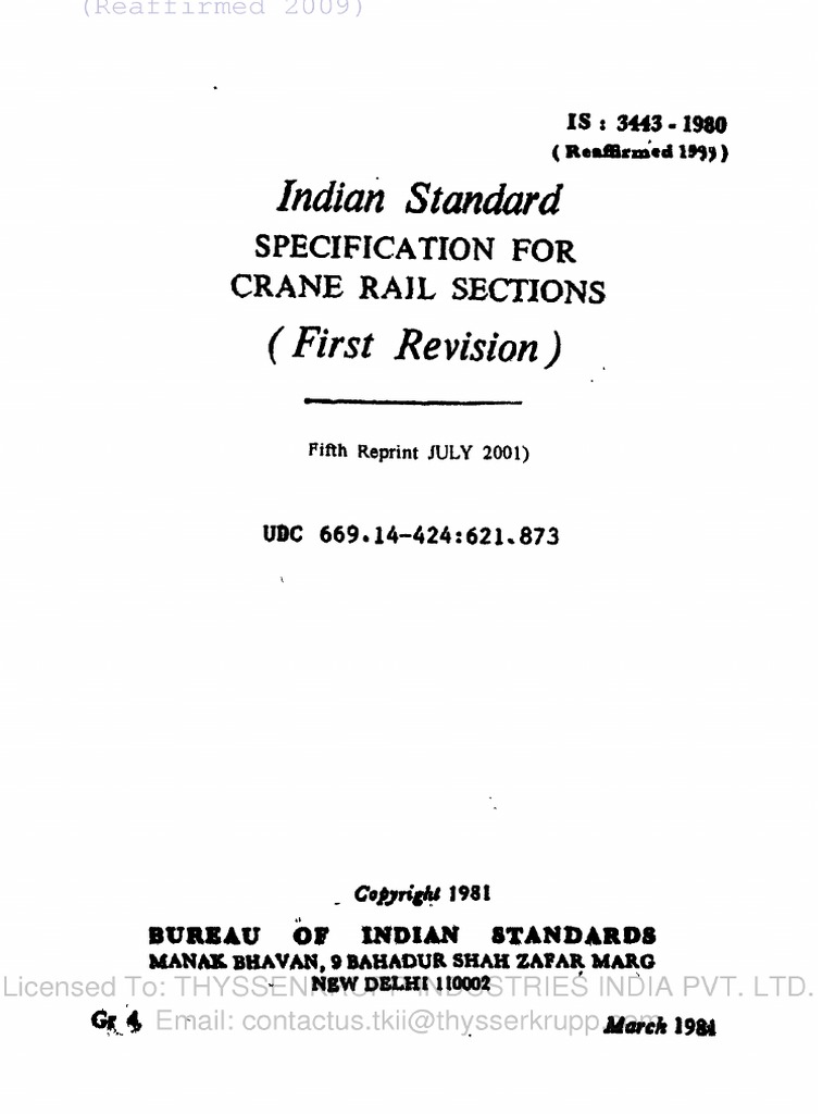 Specification For Crane Rail Section-3443 | PDF