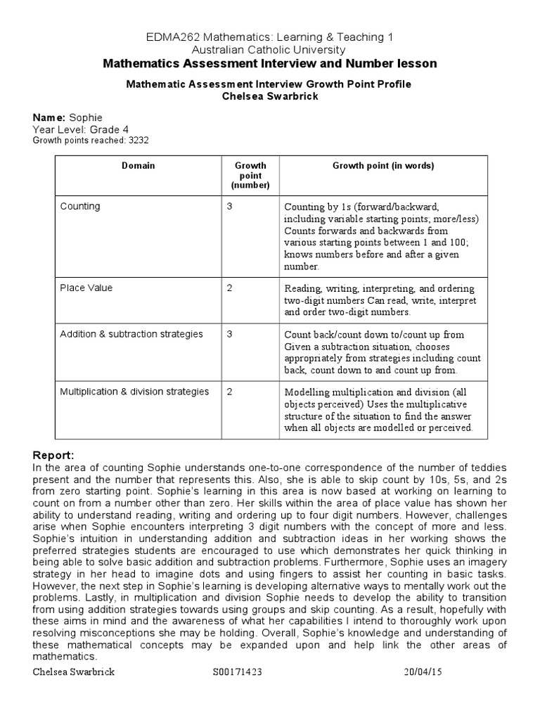 Edma262 Sophie Growth Point Profile | PDF | Subtraction | Educational ...