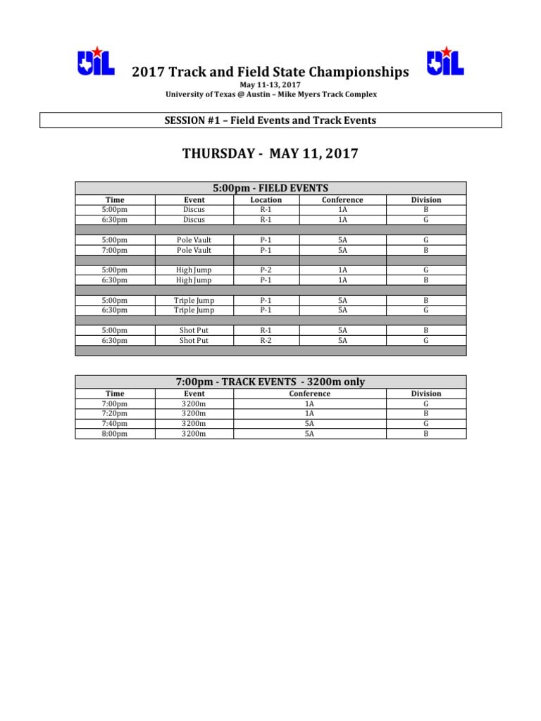 2017 UIL Track Meet Schedule Updated PDF Track And Field Games Of