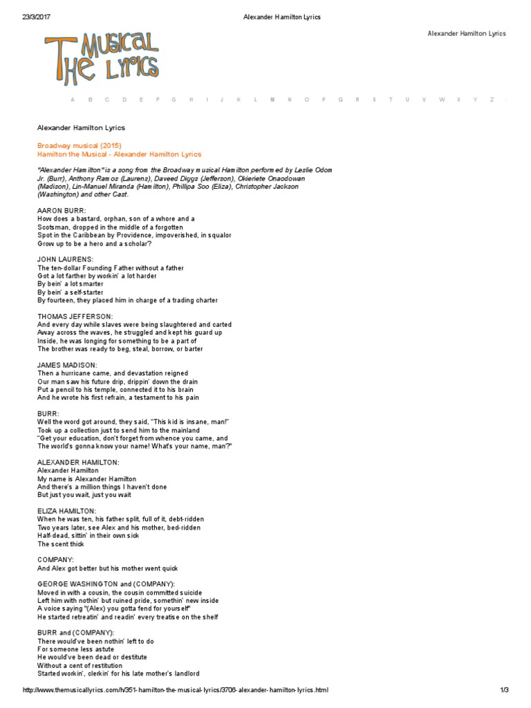 Alexander Hamilton Lyrics Pdf Hamilton Musical Alexander Hamilton