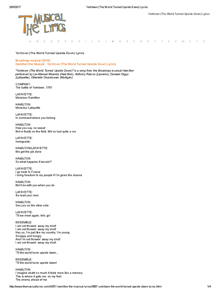 Yorktown (the World Turned Upside Down) Lyrics Hamilton (Musical