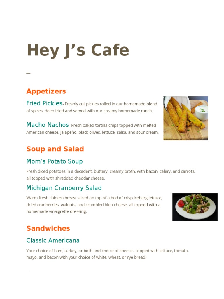 J's Cafe Menu: Appetizers to Desserts | PDF