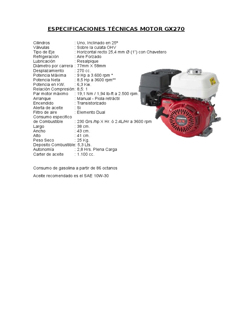 ESPECIFICACIONES T CNICAS MOTOR  HONDA  GX270  docx