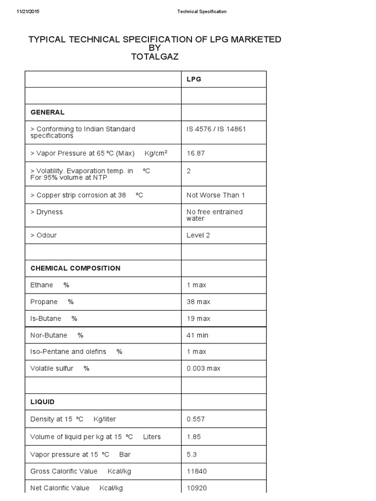 Technical Specification LPG PDF Liquefied Petroleum Gas Propane