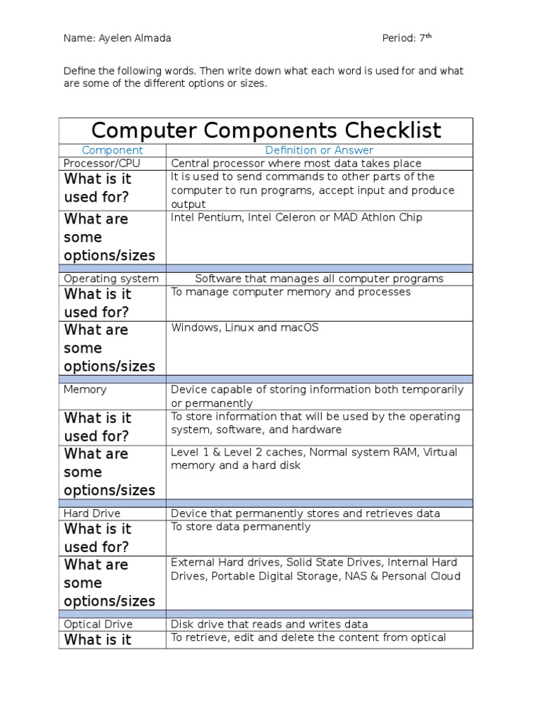 Computer Components Checklist PDF Disk Storage Computer Data Storage