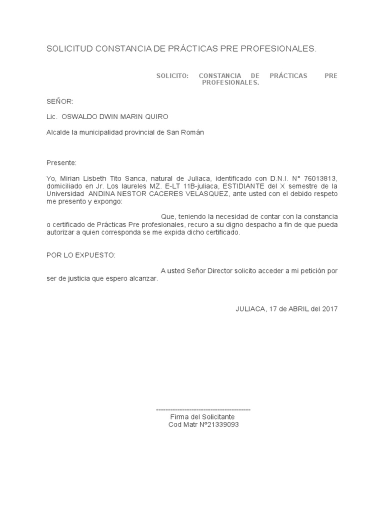 Solicitud Constancia De Practicas Pre Profesionales