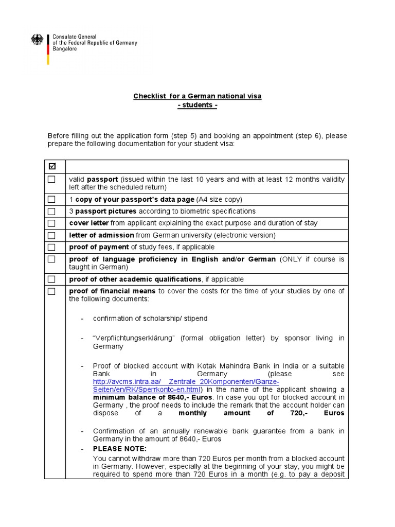 German Student Visa Checklist | PDF | Travel Visa | Passport