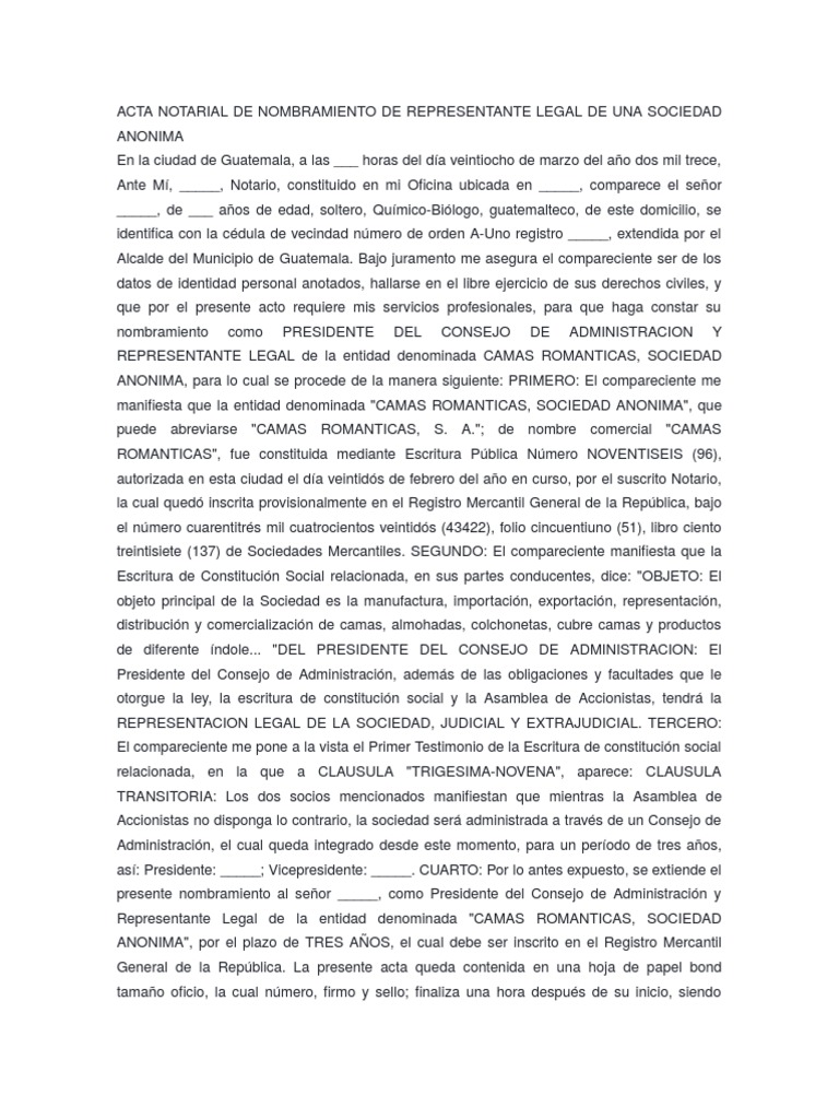 Acta Notarial De Nombramiento De Representante Legal De Una Sociedad