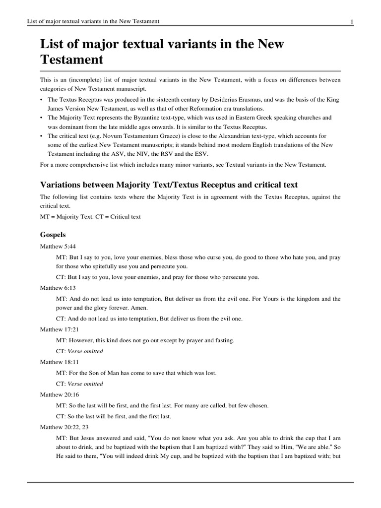 Major Textual Variants in the NT | PDF | New Testament | Gospel Of Matthew