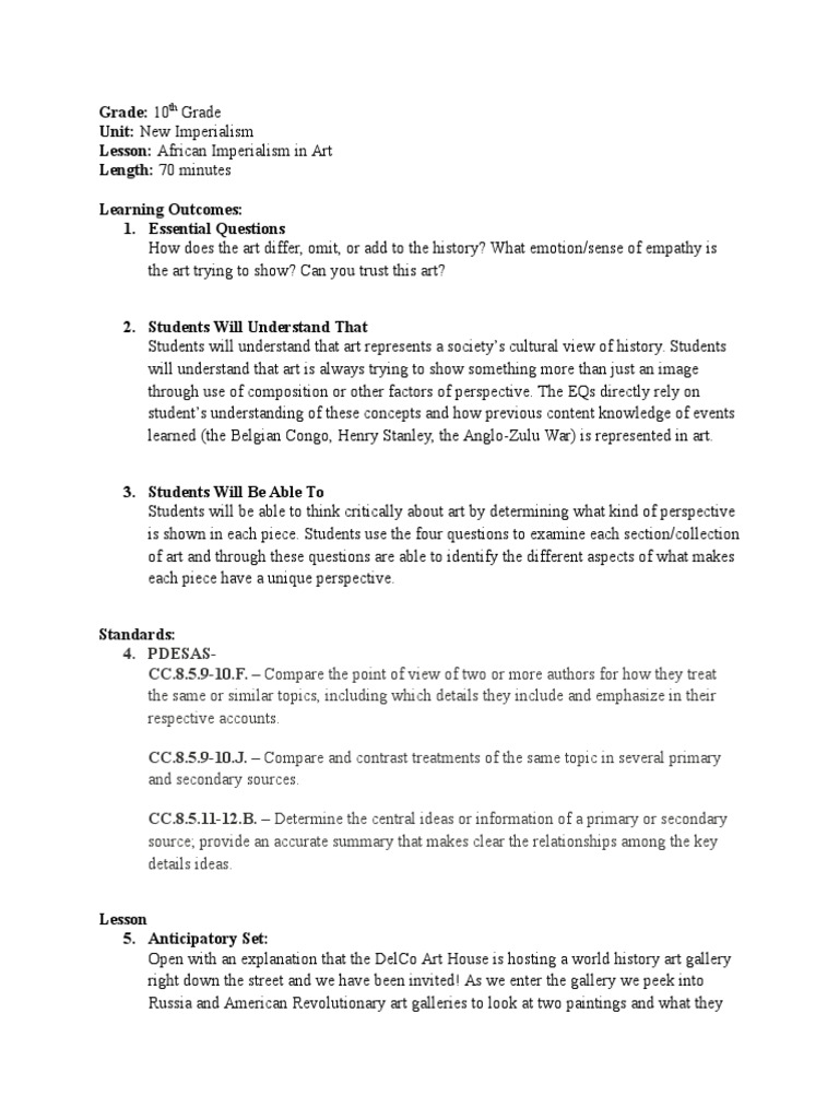 Grade: 10 Unit: New Imperialism Lesson: African Imperialism in Art ...