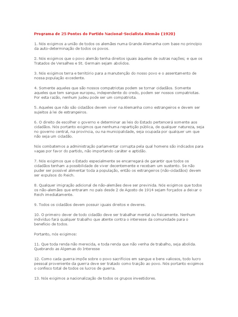 Programa de 25 Pontos do Nazismo (1920) | PDF | Alemanha | Política mundial