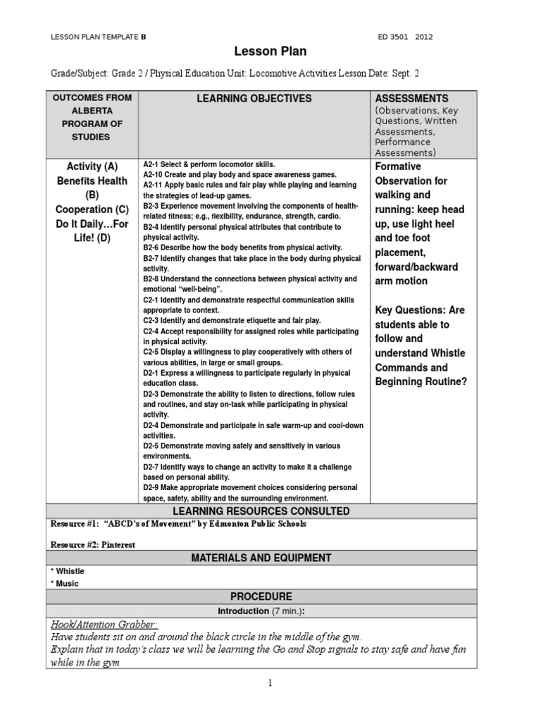Locomotor Activities Lesson Plan | PDF | Physical Education ...