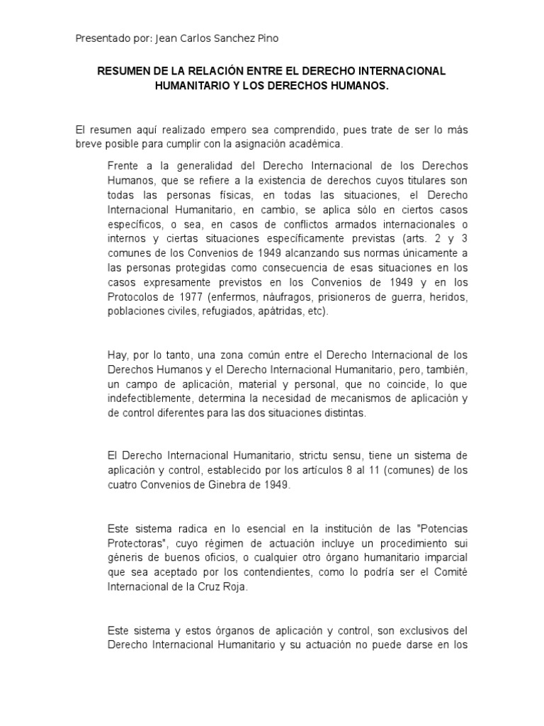 Resumen de La Relación Entre El Derecho Internacional Humanitario y Los ...